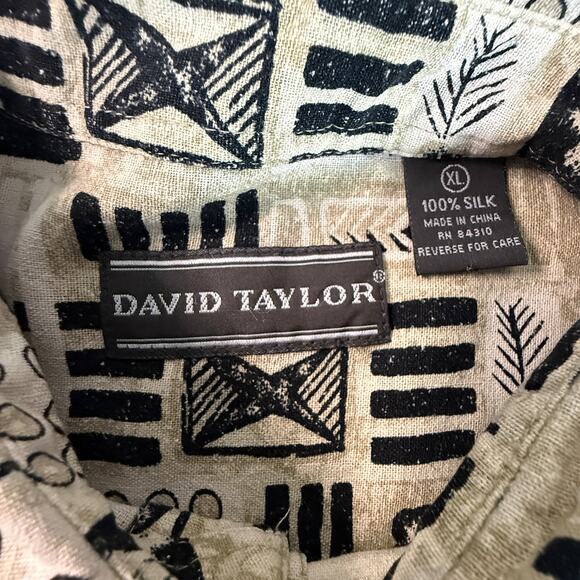 David Taylor 100% Silk Button Up Shirt Beige Black Print Mens XL - Picture 3 of 4